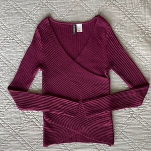 •H&M• Ribbed V-Neck Criss-Cross Wrap Long-Sleeve Shirt